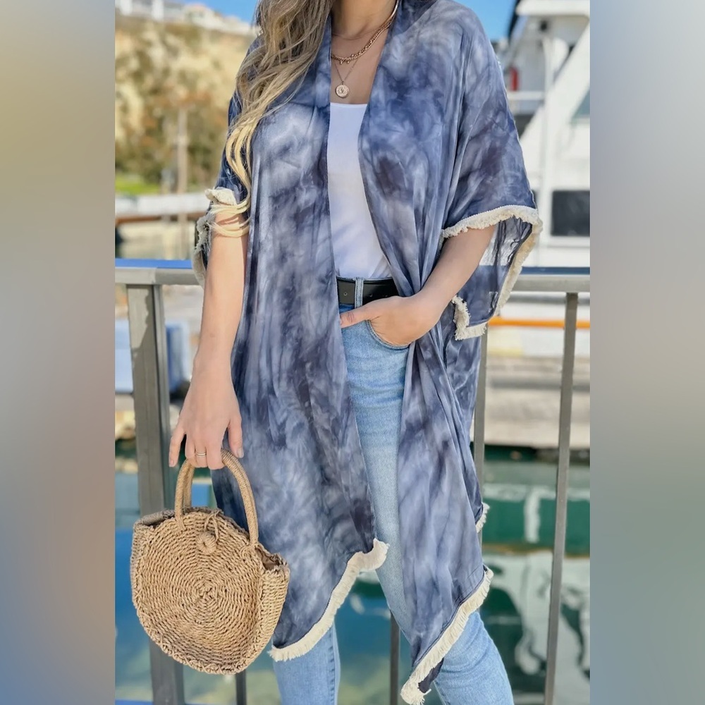Blue-Gray Tie-Dye Kimono Cardigan Fringe Trim